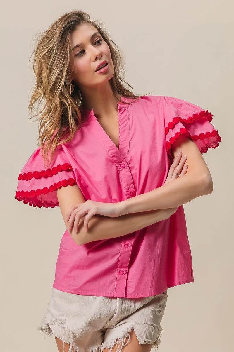 BiBi Dot Trim Flutter Sleeve Notched Top Trendsi c279bb68de36421fbdbef46c3fb832db-Max-Origin