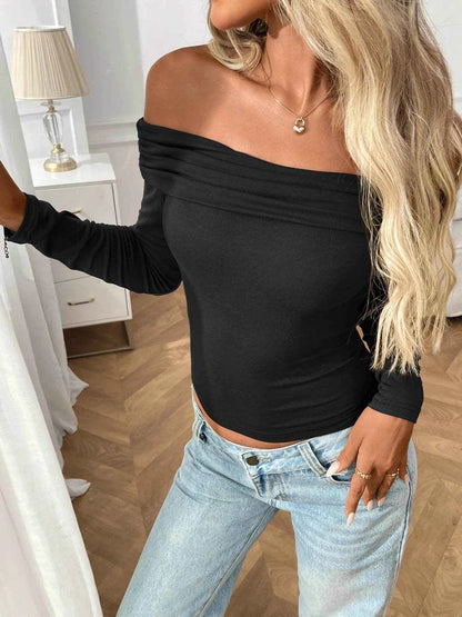 Off-Shoulder Long Sleeve Fitted T-Shirt Black Trendsi c2a728b6-a828-4dc5-b4b0-fbcf57b345c7-Max-Origin