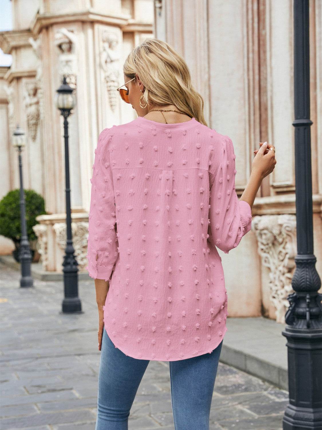 Swiss Dot Notched Neck Blouse Trendsi c2b30aa20bbd466e8594a5a7f84841e4-Max