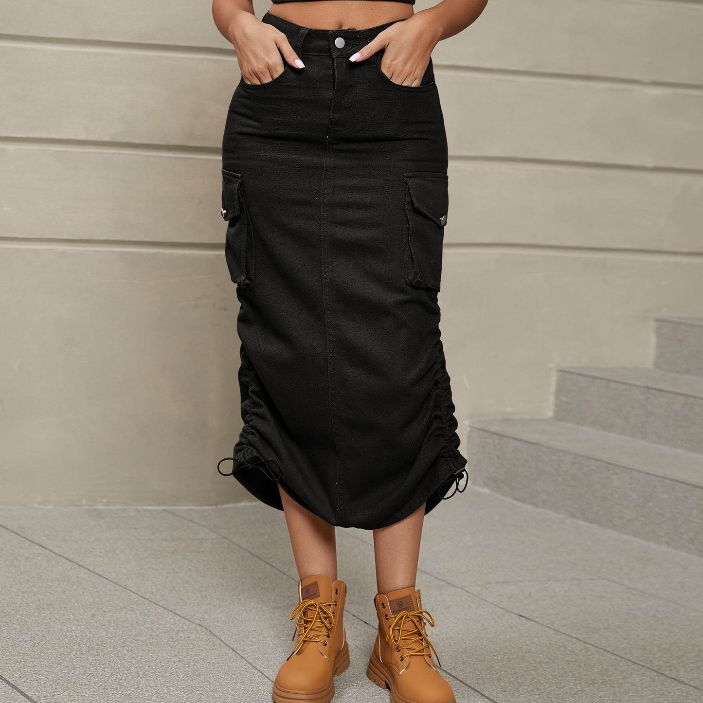 Drawstring Ruched Slit Denim Midi Skirt Black Trendsi c2bf456c53704dd589e1772a63a4f365-Max