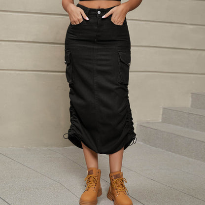 Drawstring Ruched Slit Denim Midi Skirt Black Trendsi c2bf456c53704dd589e1772a63a4f365-Max