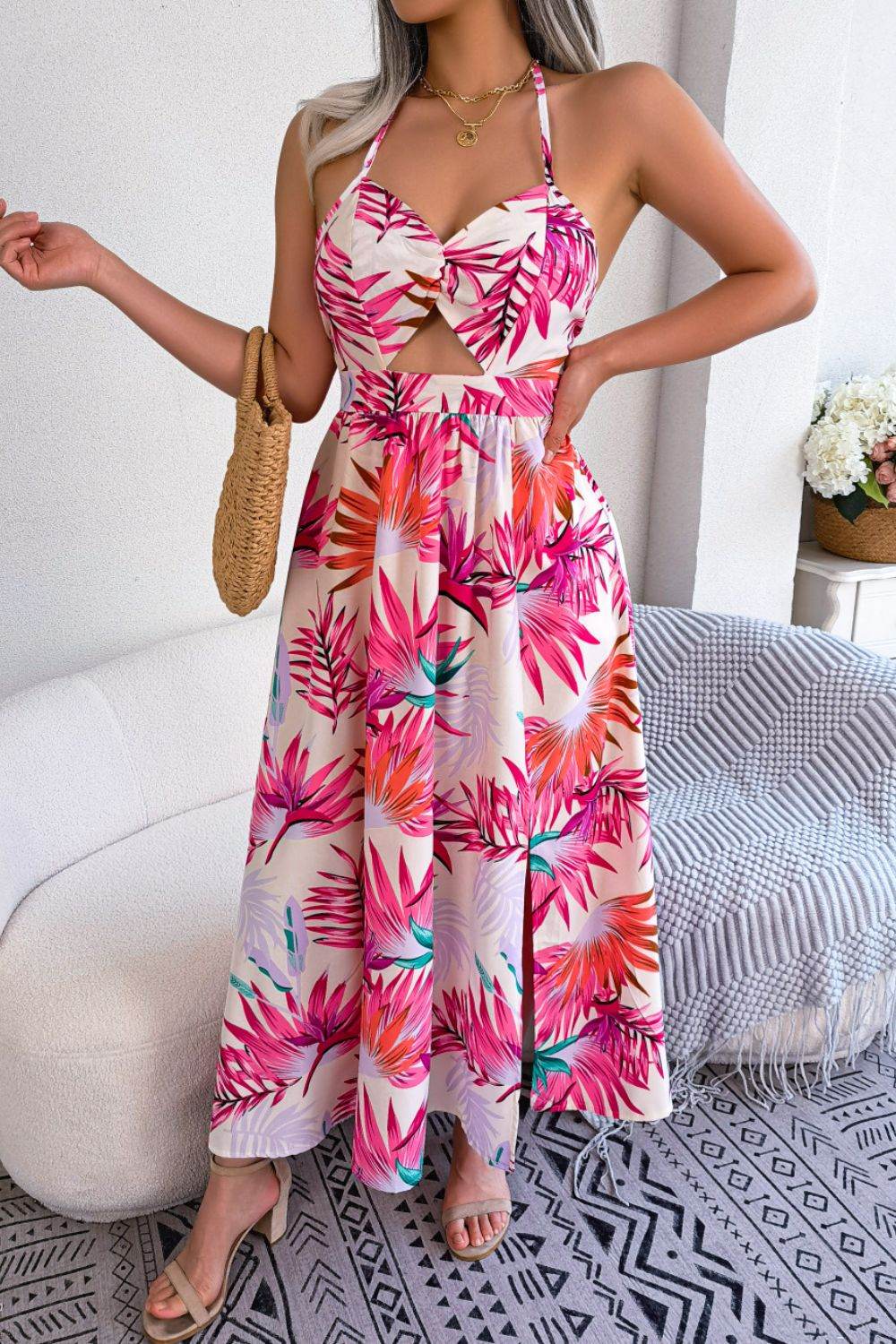 Botanical Print Tied Backless Cutout Slit Dress Beige Trendsi c2dbe6d7ee354585999577d857f02465-Max