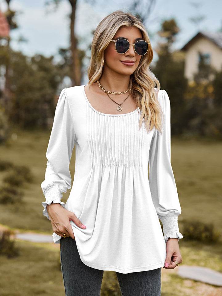 Puff Sleeve Pleated Blouse White Trendsi c2e9357f2d574f7b8fc1ec5d14b51638-Max