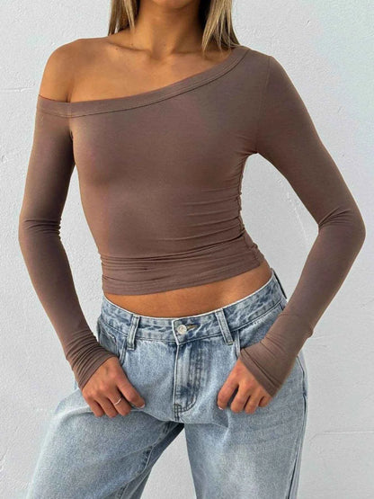 One Shoulder Long Sleeve Crop T-Shirt Coffee Brown Trendsi c32d29b1a15a4d258fedf7eb14487df8-Max-Origin