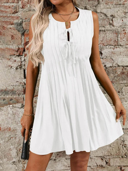 Tied Front Pleated Sleeveless Mini Dress White Trendsi c334813d-bb08-4403-b87e-6198eb695705-Max