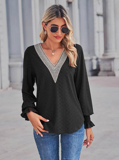 V-Neck Eyelet Flounce Sleeve Blouse Trendsi c34e8373d08a4a04804141f34221da96-Max
