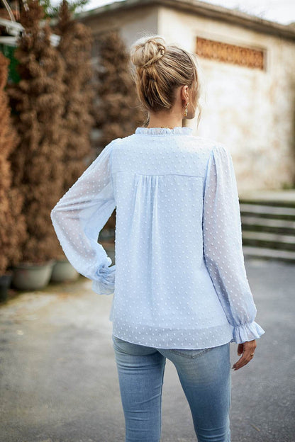 Devine Swiss Dot Smocked Shoulder Blouse Trendsi c3542500cd15415da0e800866d5c35d6-Max