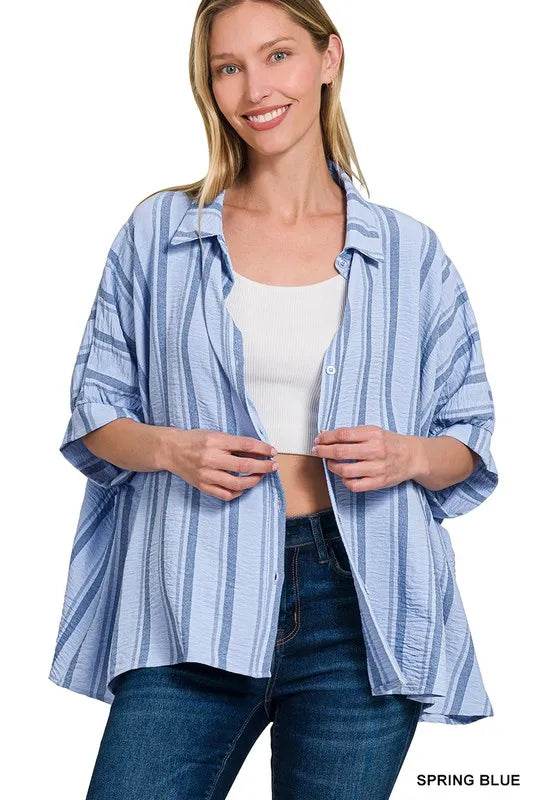 Zenana Woven Yarn-Dye Stripe Oversized Button Down Shirt SPRING BLUE Trendsi c35ae57b5434435a80028ec86b4295b7-Max-Origin