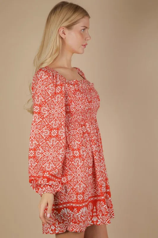 VERY J Printed Smocked Chest Boho Mini Dress Trendsi