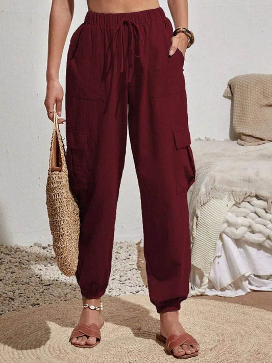Drawstring Joggers with Cargo Pockets Burgundy Trendsi c37dbed9-9a5d-494c-af1d-ec3f8224c3fe-Max