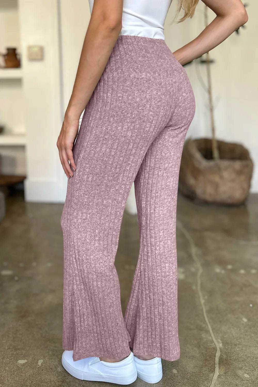 FAM-FAM Ribbed High Waist Flare Pants Dusty Pink Trendsi c38624a1-31b6-4d09-a4be-724f9bdac1e3-Max