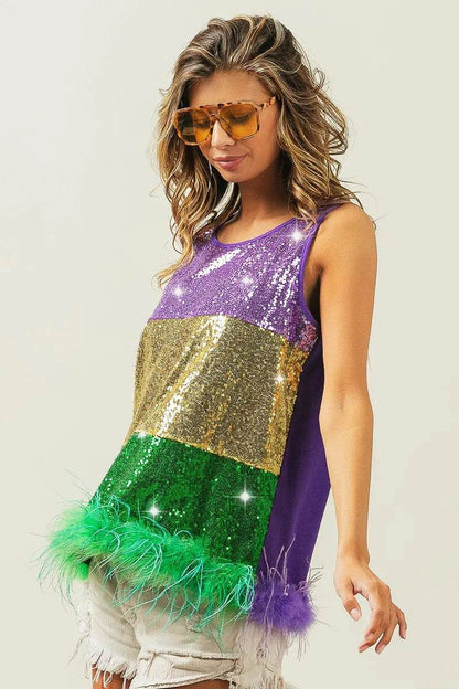 BiBi Mardi Gras Color Block Faux Feather Hem Sequin Top Trendsi c3a4367f4e80439cb0dc354ab923c2e2-Max-Origin