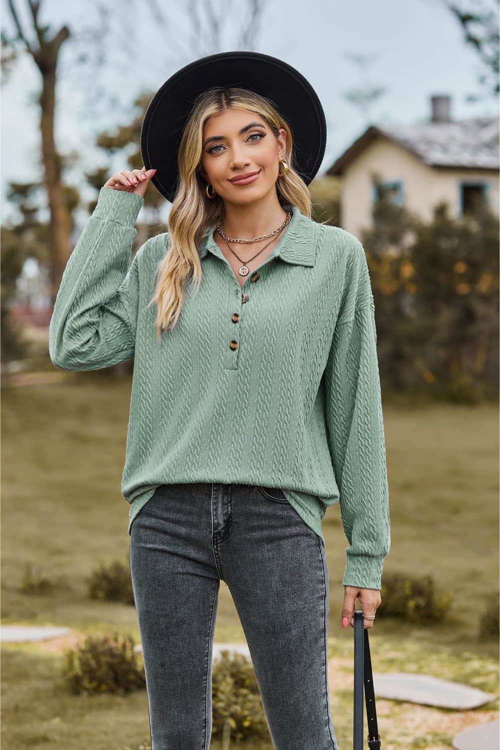 Collared Neck Long Sleeve Blouse Sage Trendsi c40e0554525543aeb615ee27f736149f-Max
