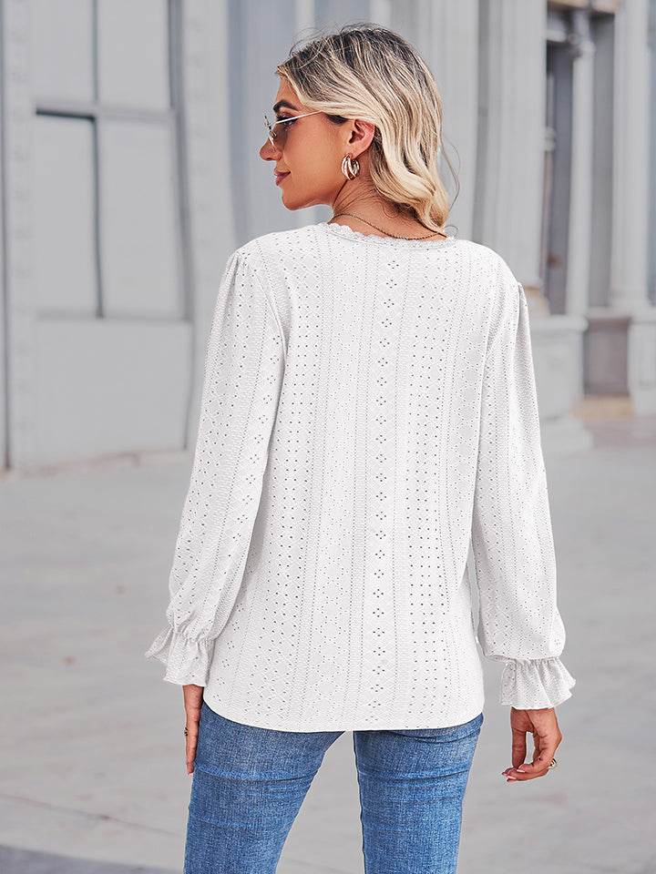 Eyelet V-Neck Flounce Sleeve Blouse Trendsi c412623fdfb94f6f9246ca33347e18f8-Max