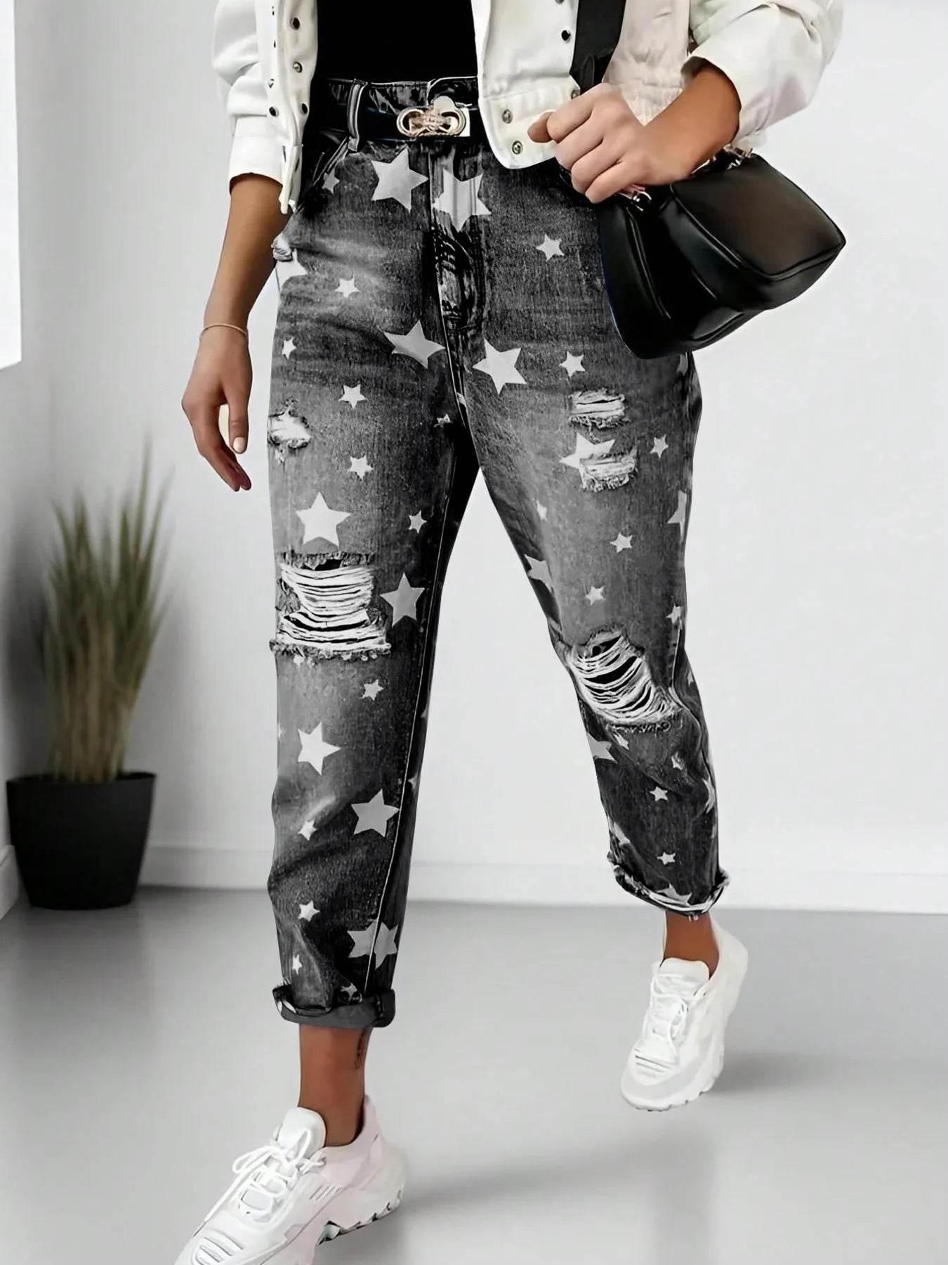 Star Print Distressed High Waist Boyfriend Jeans Trendsi c4209a5ab15f4356b2947e3ba62a4c0a-Max-Origin