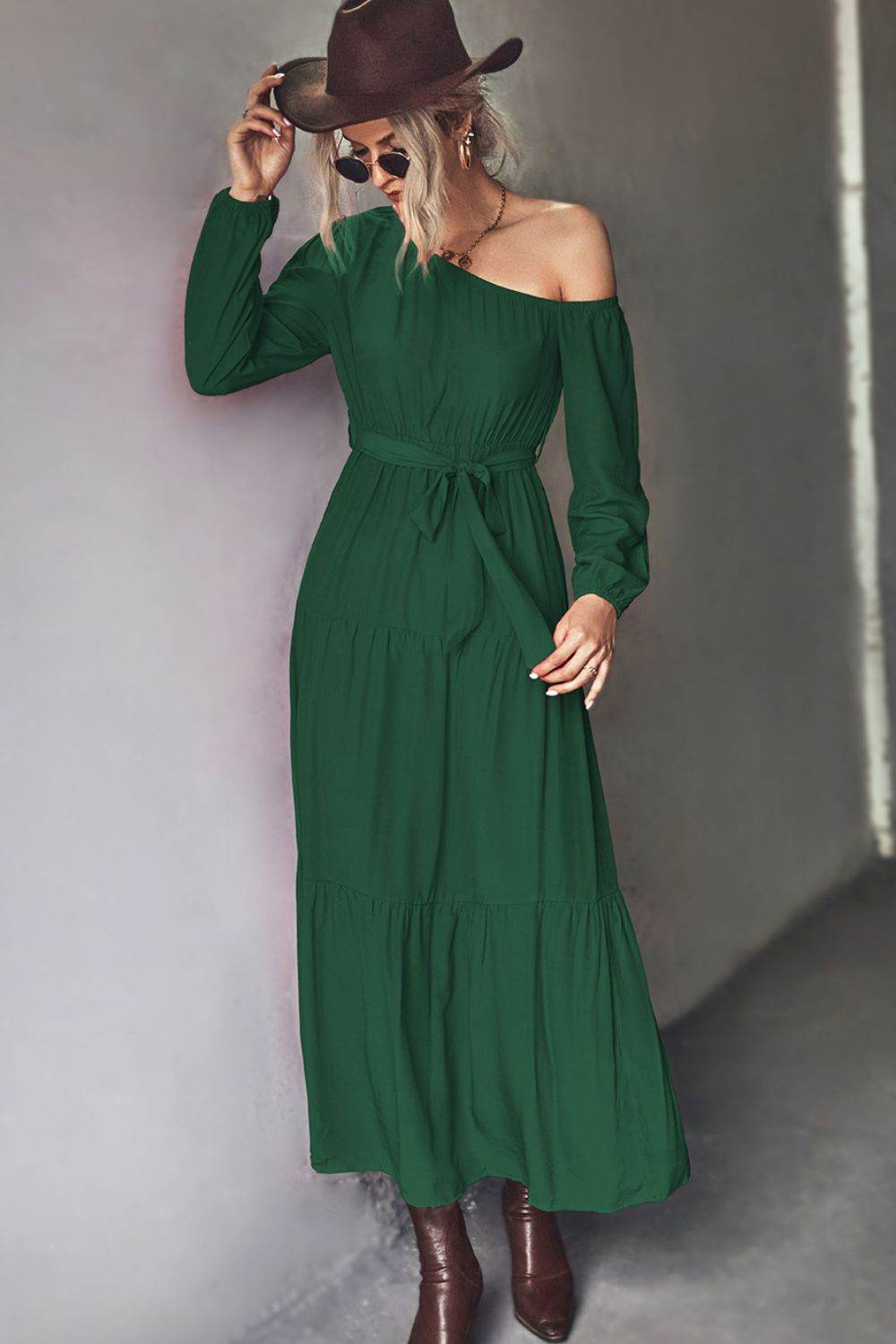 Belted One-Shoulder Tiered Maxi Dress Green Trendsi c43e0dc6cd2940f49b312832ff98edfb-Max