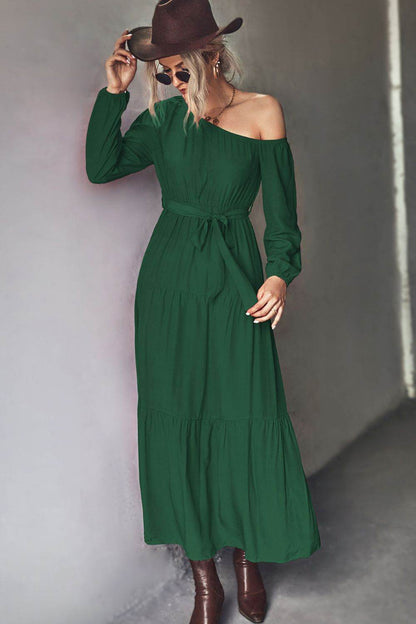 Belted One-Shoulder Tiered Maxi Dress Green Trendsi c43e0dc6cd2940f49b312832ff98edfb-Max