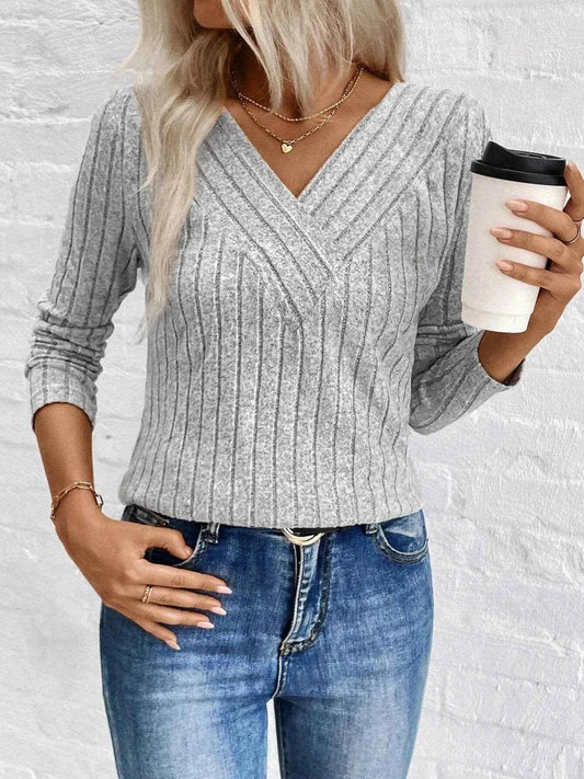 Ribbed V-Neck Long Sleeve Knit T-Shirt Trendsi c465a19a4e6a4117a3d0729f99bde355-Max-Origin