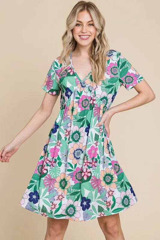 BOMBOM Ruched Floral V-Neck Short Sleeve Dress Gum Leaf Trendsi c47b415b-3690-416e-8e4d-bad29ab029eb-Max-Origin