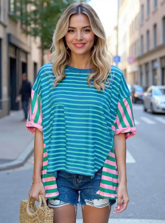 Colorful Striped Oversized T-Shirt Blue Trendsi c4d49d02-24b8-4b78-8f78-1f4878b77e12-Max-Origin