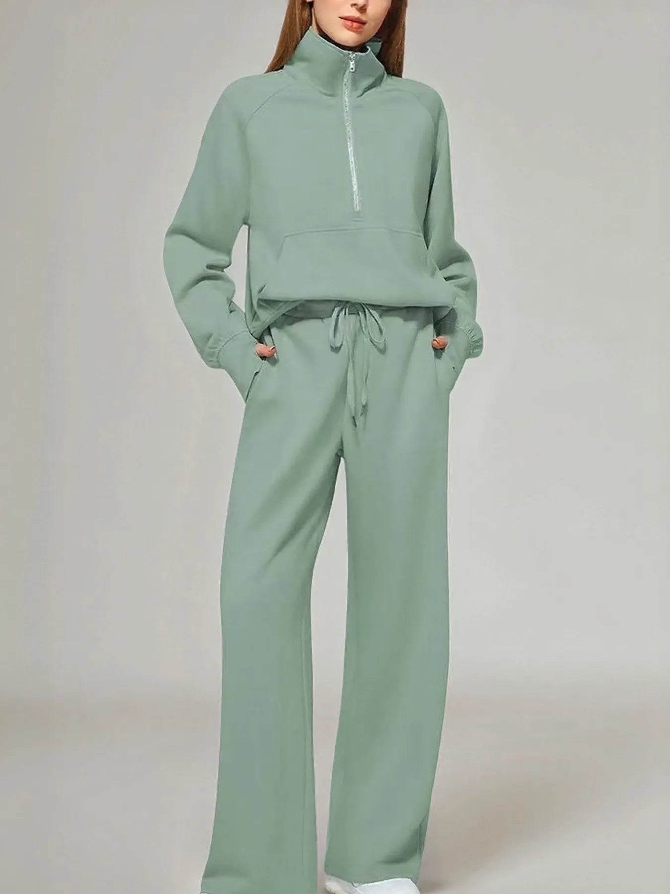 Half Zip Long Sleeve Top and Pants Set Green Trendsi c50712c6383e405e83551c30886820ae-Max-Origin