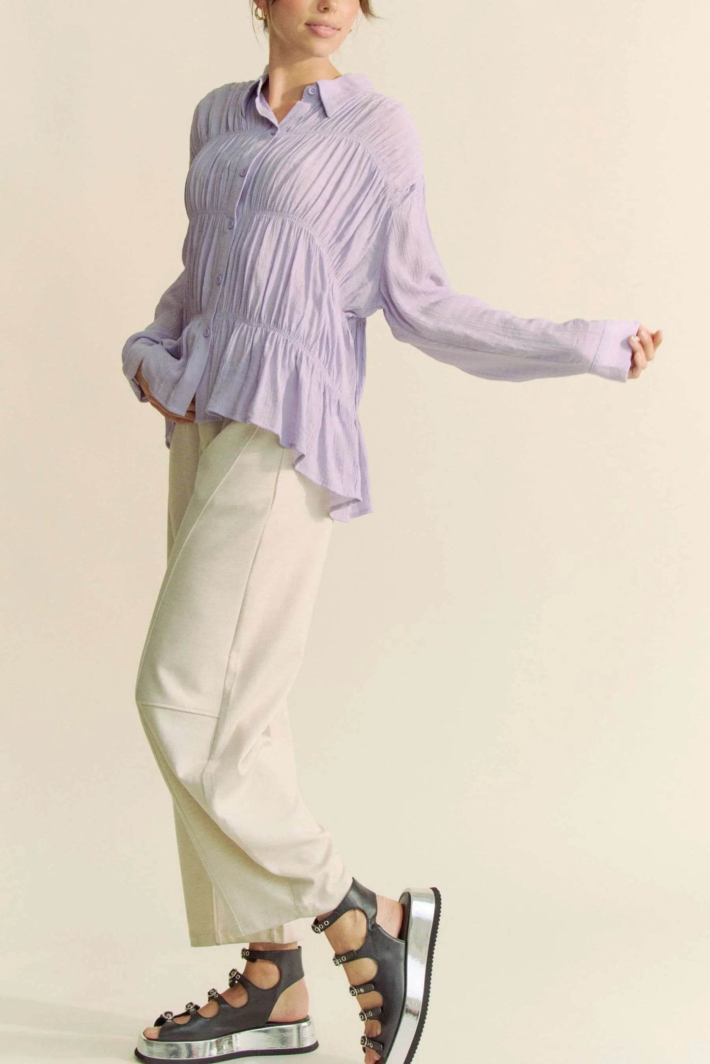 Davi & Dani Ruched All Over Button Front Shirt Trendsi c51d9c1f051f4e0f96c02026c5cffac0-Max-Origin