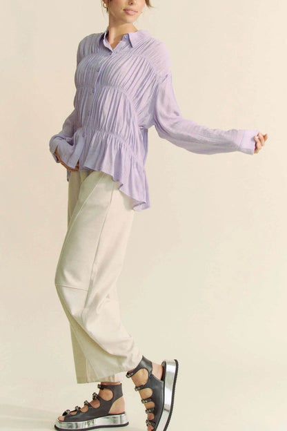 Davi & Dani Ruched All Over Button Front Shirt Trendsi c51d9c1f051f4e0f96c02026c5cffac0-Max-Origin