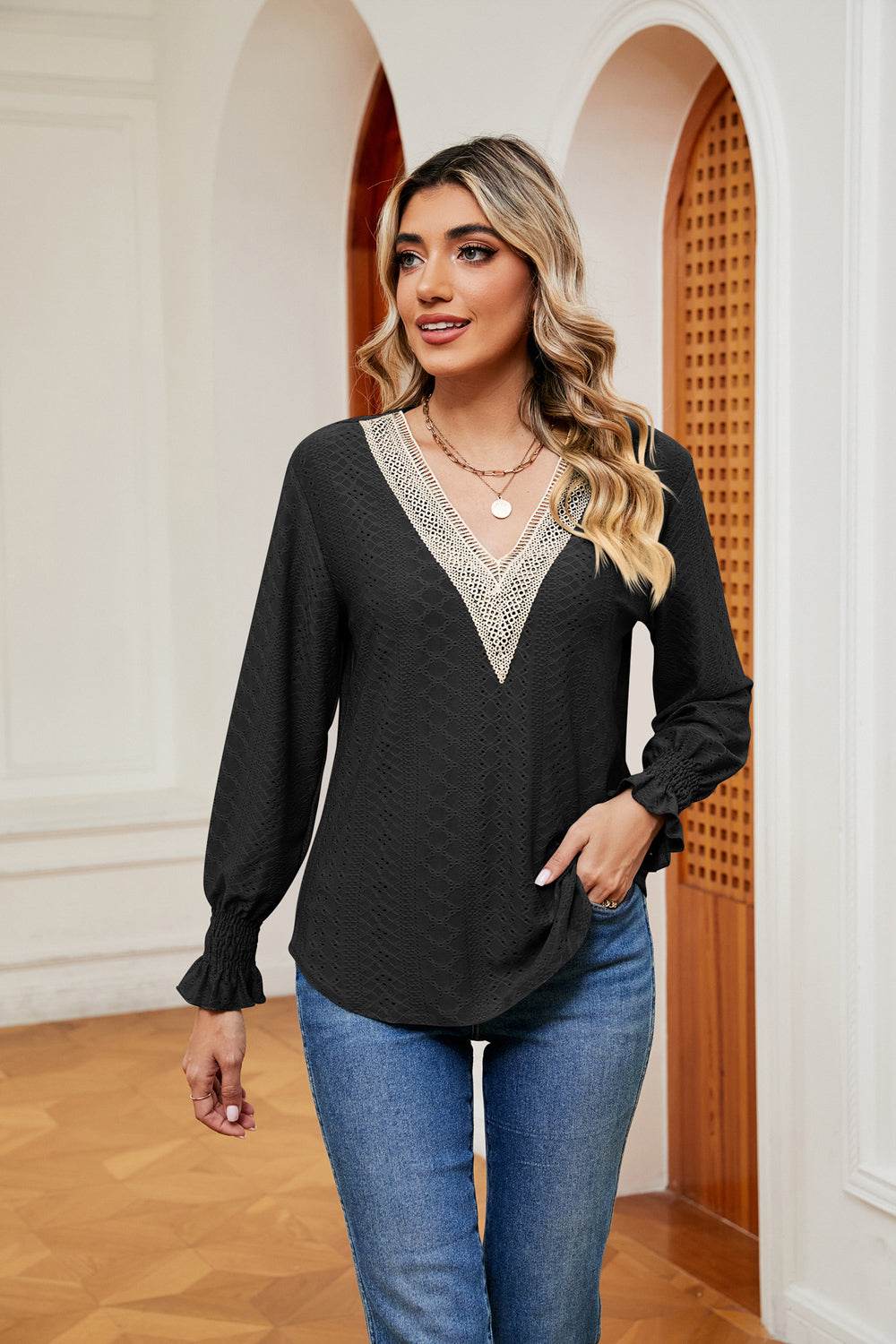 Contrast Flounce Sleeve Blouse Black Trendsi c5402531a32541e8879d066a2befdde7-Max