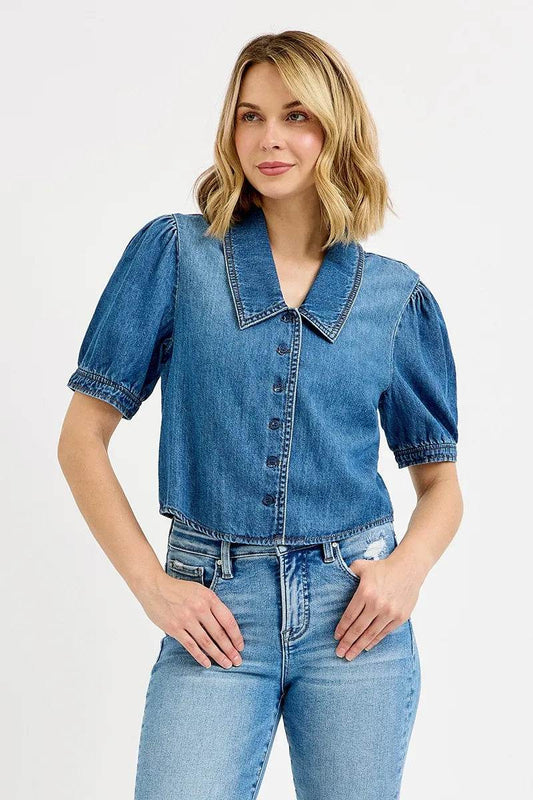RISEN Button Down Puff Sleeve Crop Denim Shirt Trendsi c55c48df517e4067878ffe78999f5700-Max-Origin