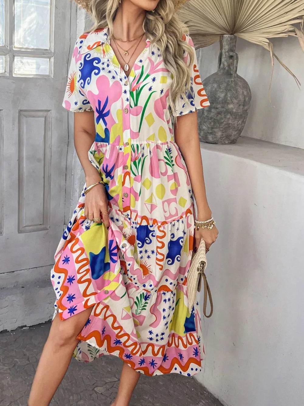 Devine Printed Johnny Collar Button Down Short Sleeve Midi Shirt Dress Trendsi c56e8d89-3600-49f3-9b5e-d618f055c80b-Max