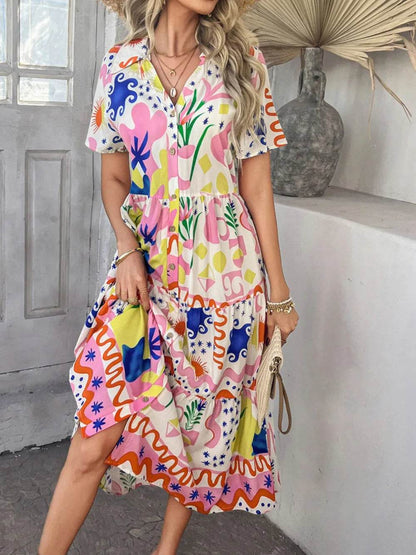 Devine Printed Johnny Collar Button Down Short Sleeve Midi Shirt Dress Trendsi c56e8d89-3600-49f3-9b5e-d618f055c80b-Max