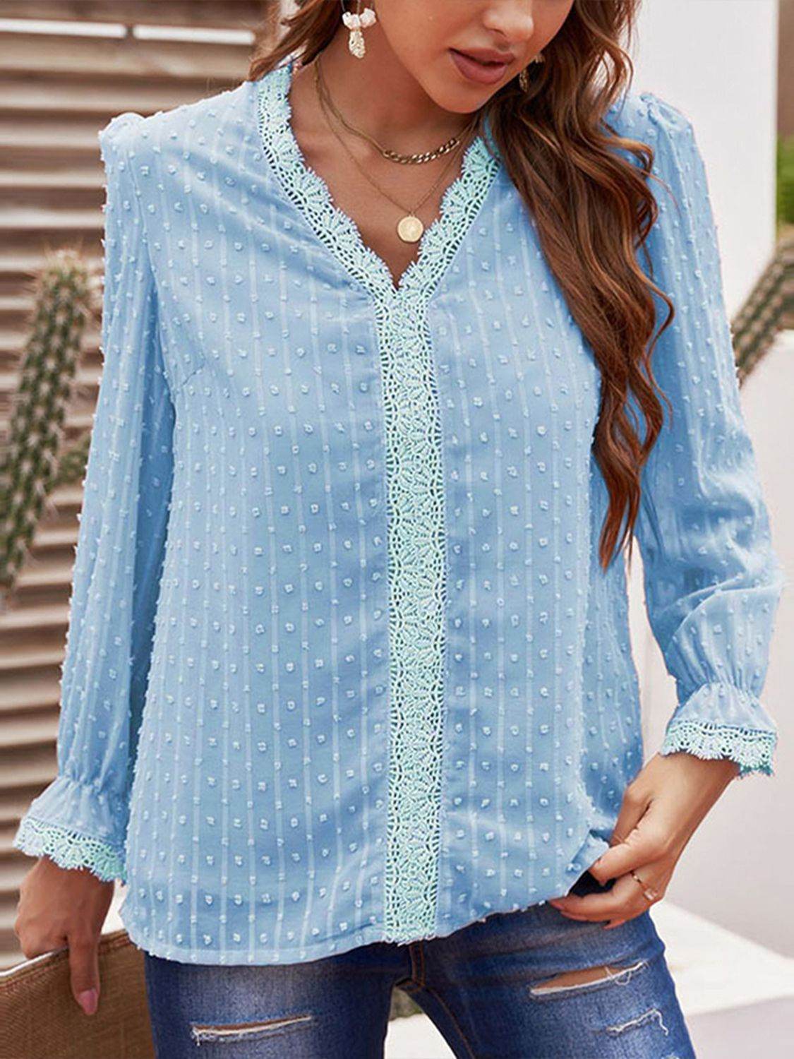 Shiny Swiss Dot Flounce Sleeve Blouse Pastel Blue Trendsi c58105e31e5c42c4bc524ef29fb1ec4e-Max