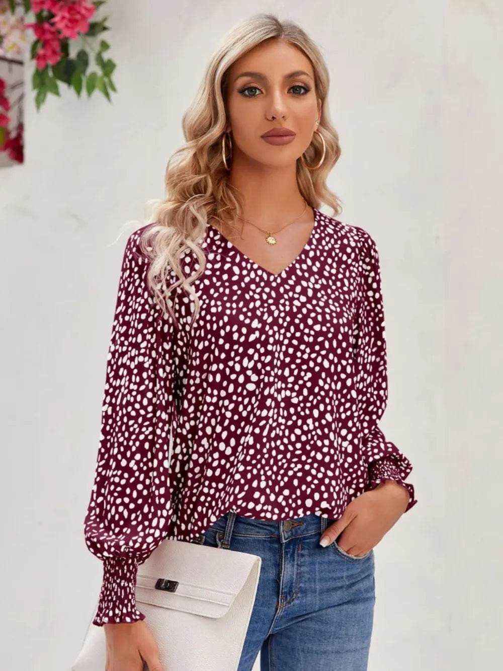 Printed V-Neck Lantern Sleeve Blouse Burgundy Trendsi c5823fbde84f40dba83a09fd0fa892f9-Max