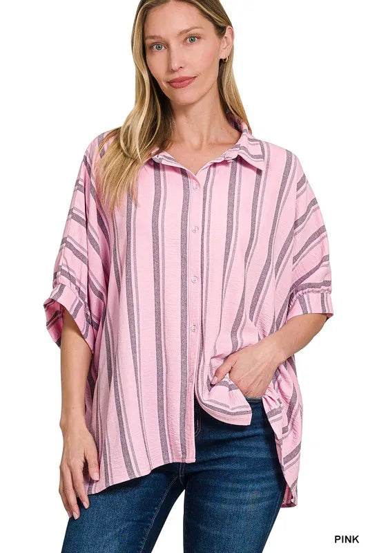 Zenana Woven Yarn-Dye Stripe Oversized Button Down Shirt PINK Trendsi c59407a4c7ae4b49b7d42c41e9397b95-Max-Origin