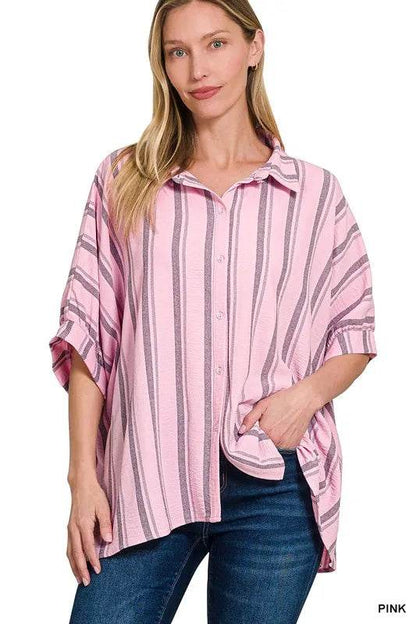 Zenana Woven Yarn-Dye Stripe Oversized Button Down Shirt PINK Trendsi c59407a4c7ae4b49b7d42c41e9397b95-Max-Origin