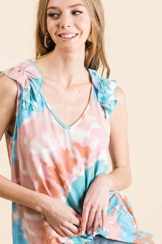 BiBi Circular Tie Dye Knit V Neck Top With Ruffle Trendsi c5b02480ea6b4c2fb18e2c26585b765a-Max-Origin