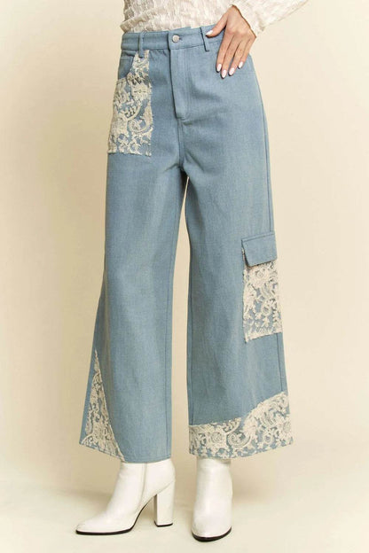 Davi & Dani Lace Applique Wide Leg Jeans Trendsi c5bc5598-e7a1-447d-8a7b-e6358da969eb-Max
