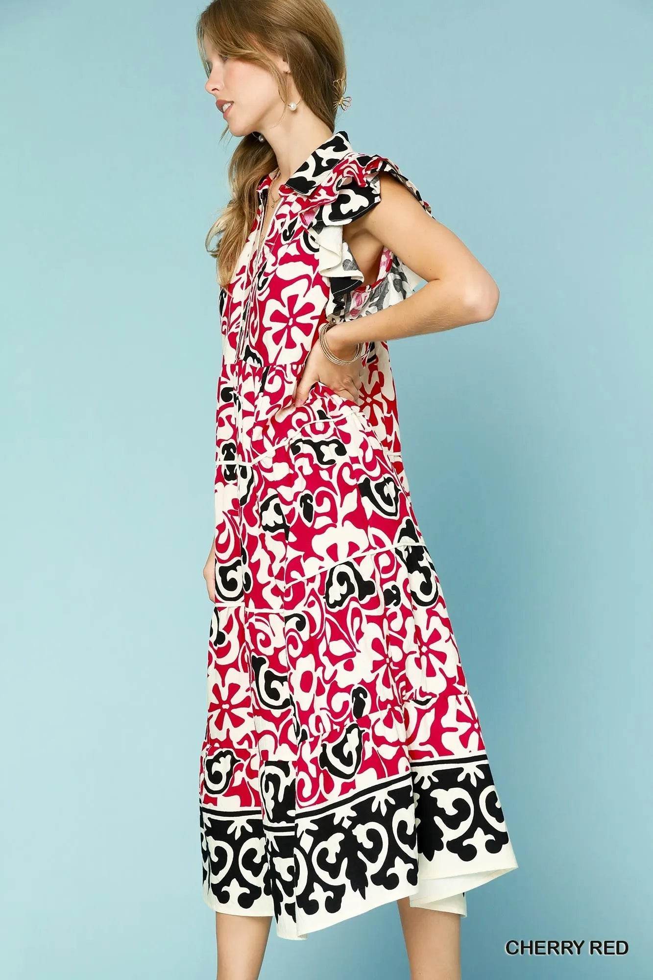 Umgee Printed Ruffled Cap Sleeve Midi Dress Trendsi c5d8b5ca-34a4-46be-a2d6-b59d621bbacb-Max-Origin