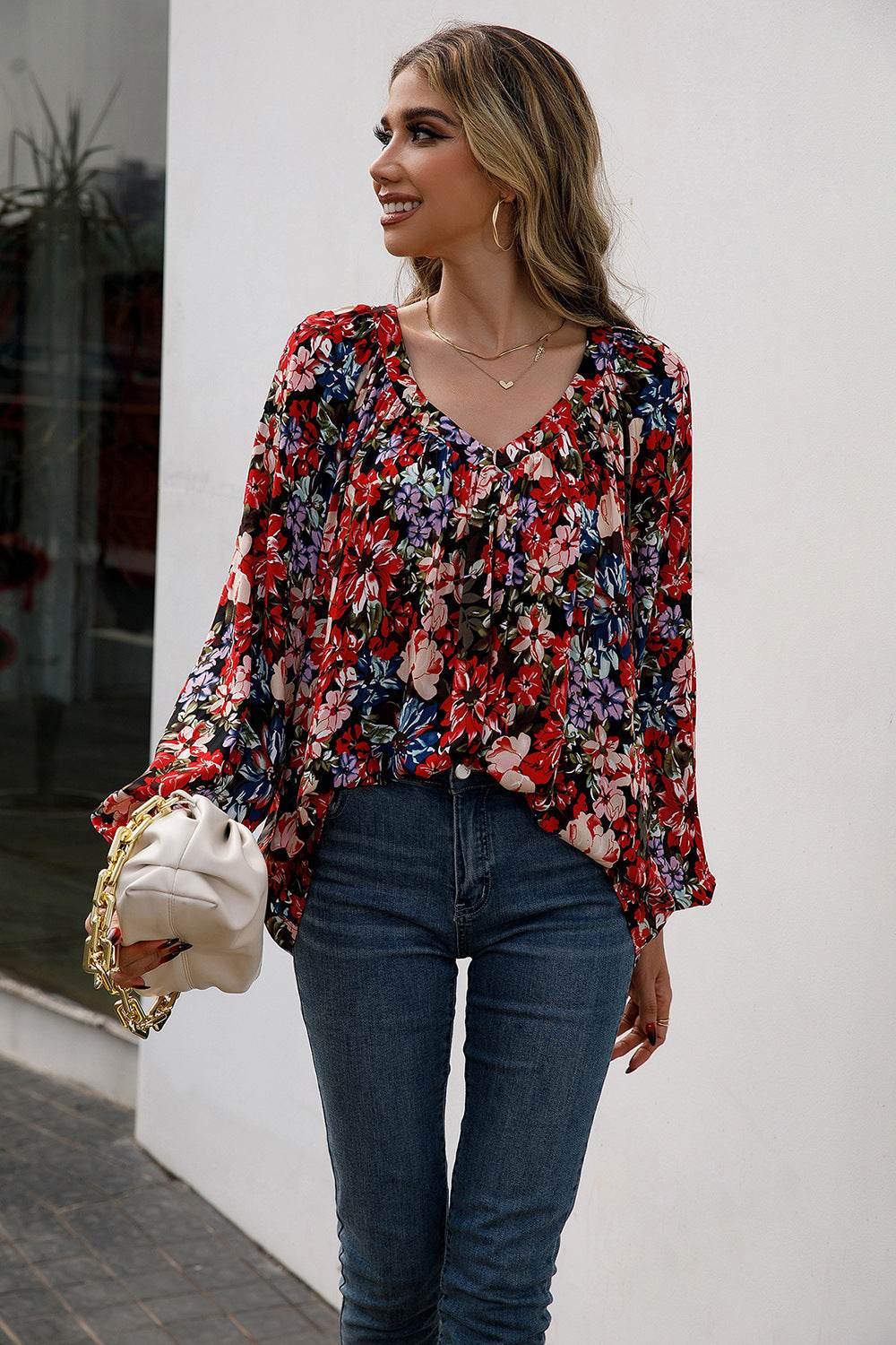 Ivy Lane Floral Print Balloon Sleeve Ruched Blouse Trendsi c5d9a38c22b3442fbb4f9cd22ed0e32b-Max