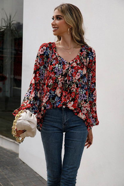 Ivy Lane Floral Print Balloon Sleeve Ruched Blouse Trendsi c5d9a38c22b3442fbb4f9cd22ed0e32b-Max