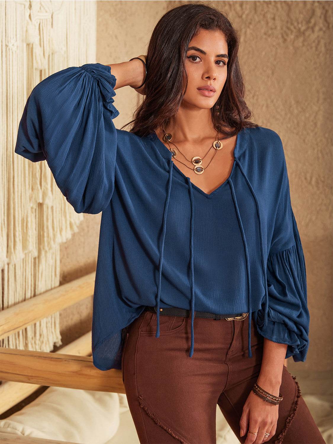 Tie Neck Long Sleeve Blouse Trendsi c5e0a7346c9341e480f09d359d9c2248-Max