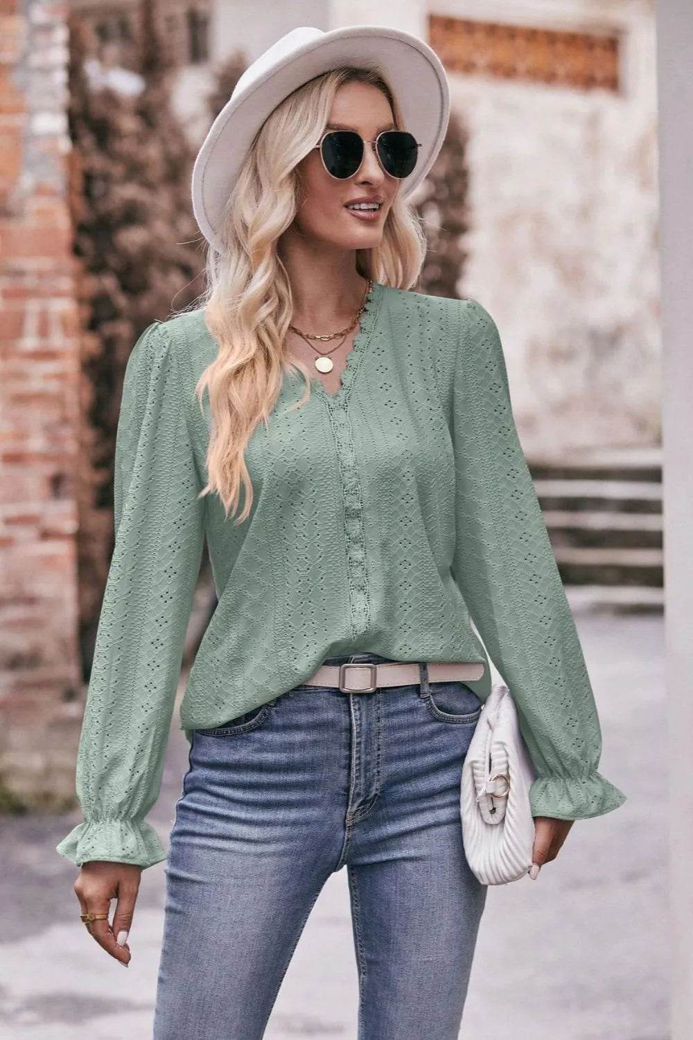 Mandy Eyelet V-Neck Flounce Sleeve Blouse Trendsi c5f4ef31-3454-4479-9ebb-17aef26083b3-Max