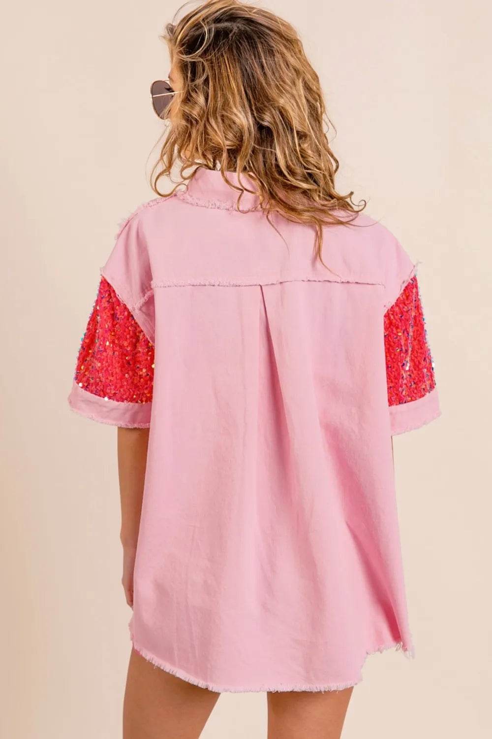 BiBi Sequin Detail Raw Hem Short Sleeve Shirt Trendsi c60dc3d5-252e-422e-82c7-7ab9205ff0d9-Max