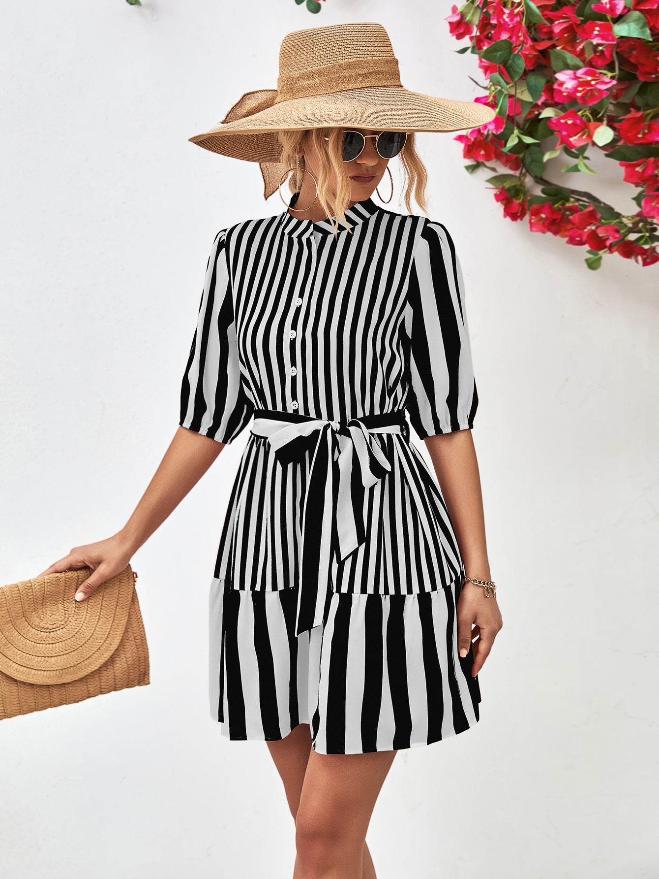 Striped Half Sleeve Tie Waist Mini Dress Black Trendsi c618ce9cc0b04366a8d3f9c4bf113119-Max