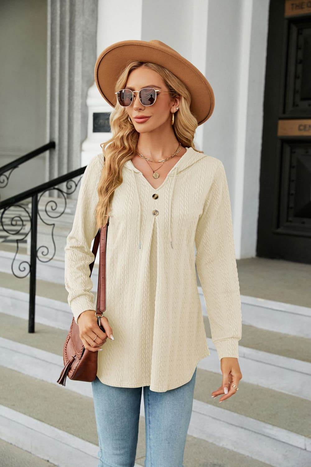 Long Sleeve Hooded Blouse Ivory Trendsi c6435fc64de146dbbcc8f89ae171061d-Max
