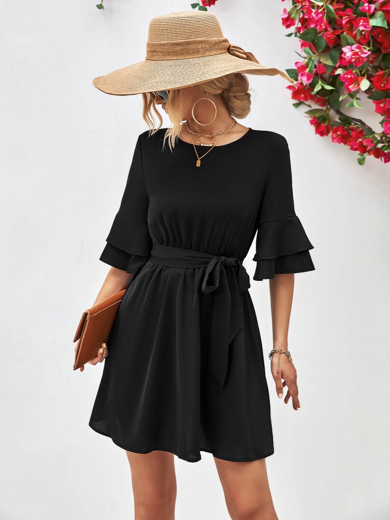 Round Neck Tie Belt Flounce Sleeve Dress Trendsi c655fa744f324c41baae3a2d0116204b-Max