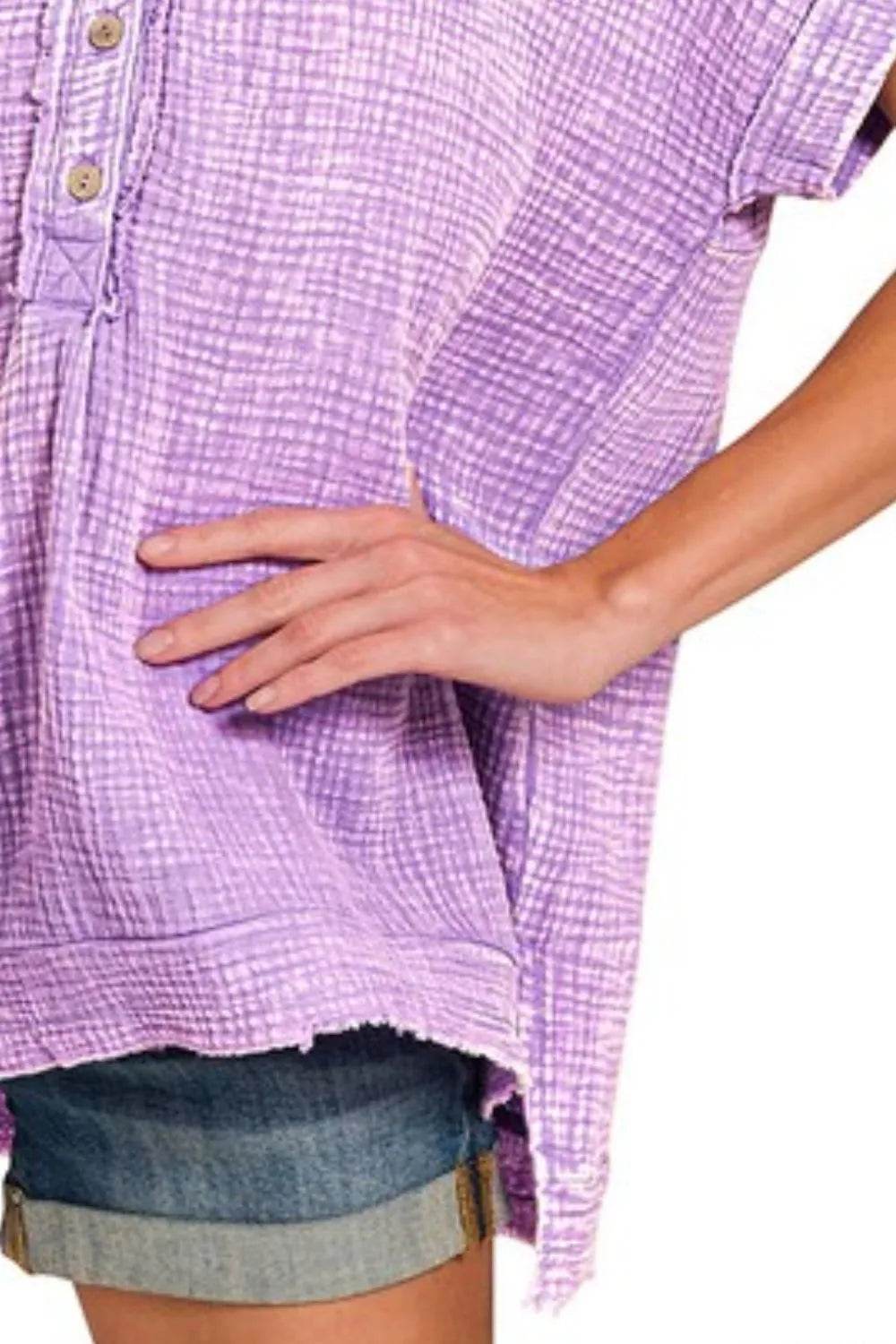 Zenana Washed Double Gauze 3/4 Button Henley Neck Shirt Trendsi c677872f-43e0-4fd0-9088-8c2ee42ea59c-Max-Origin