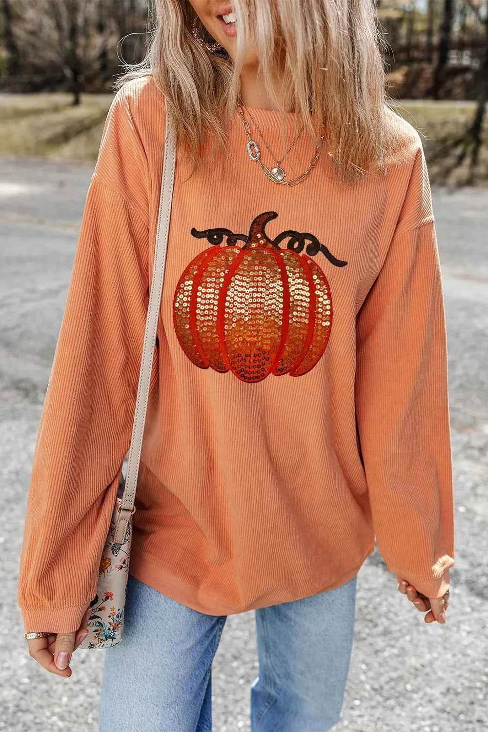 Sequin Pumpkin Round Neck Long Sleeve Sweatshirt Sherbet Trendsi c688c739-0722-4ba5-8178-83b03f6d7259-Max