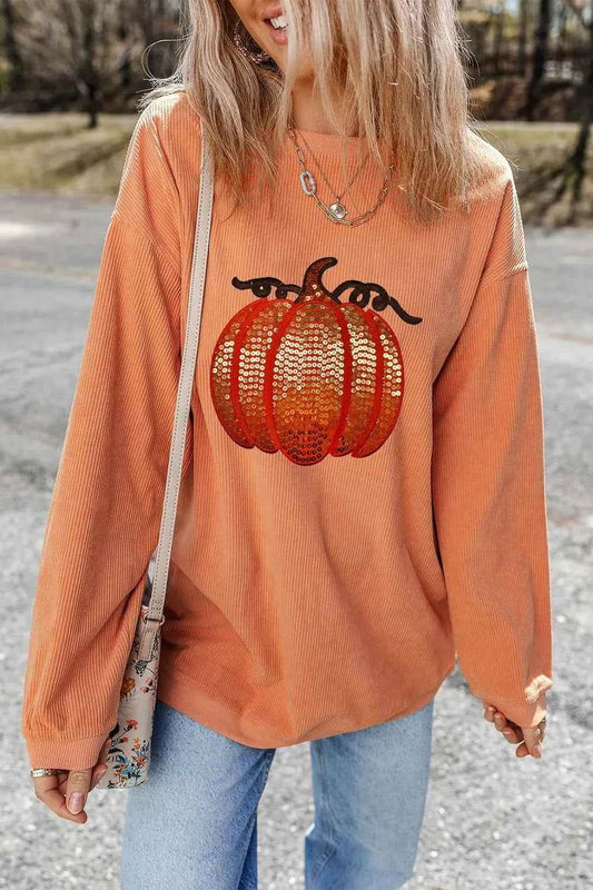 Sequin Pumpkin Round Neck Long Sleeve Sweatshirt Sherbet Trendsi c688c739-0722-4ba5-8178-83b03f6d7259-Max
