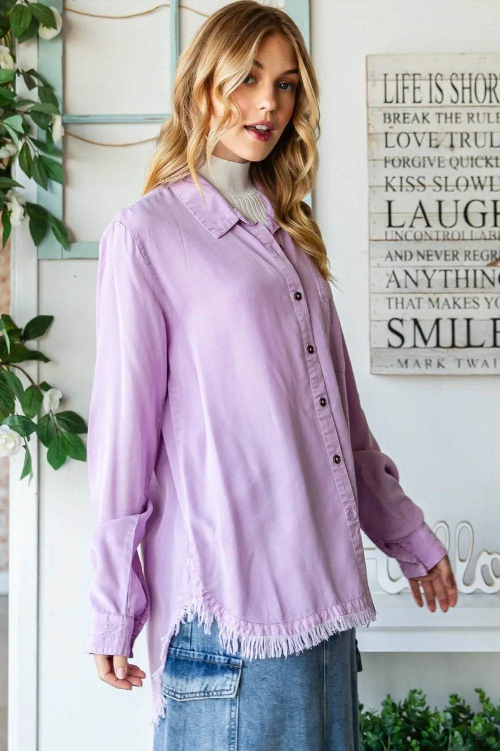 Veveret Raw Hem Button Up Long Sleeve Shirt Trendsi c68cb51d-1456-4632-8c26-bf3da108e778-Max